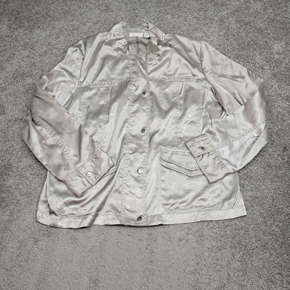 Chicos Womens Size 3 Champagne Beige Satin Finish Utility Zip Front Jacket 7812